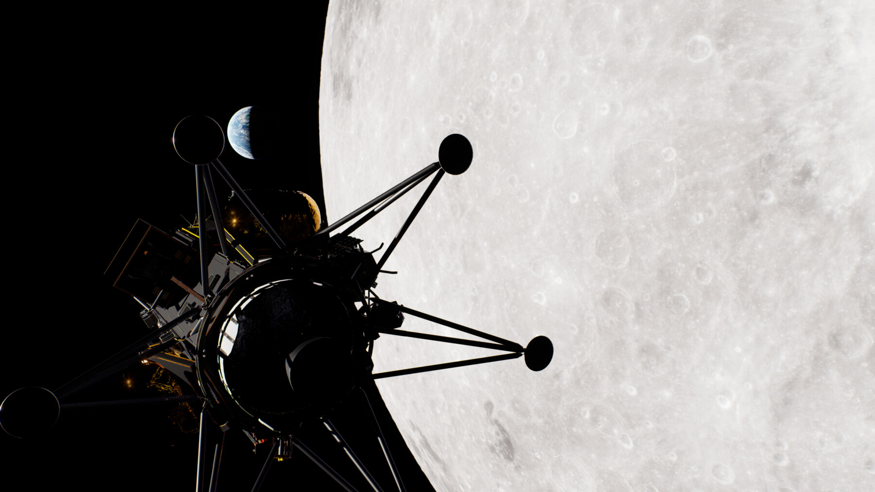 La silueta de una nave espacial se recorta contra el fondo de un planeta gris y un cielo negro.