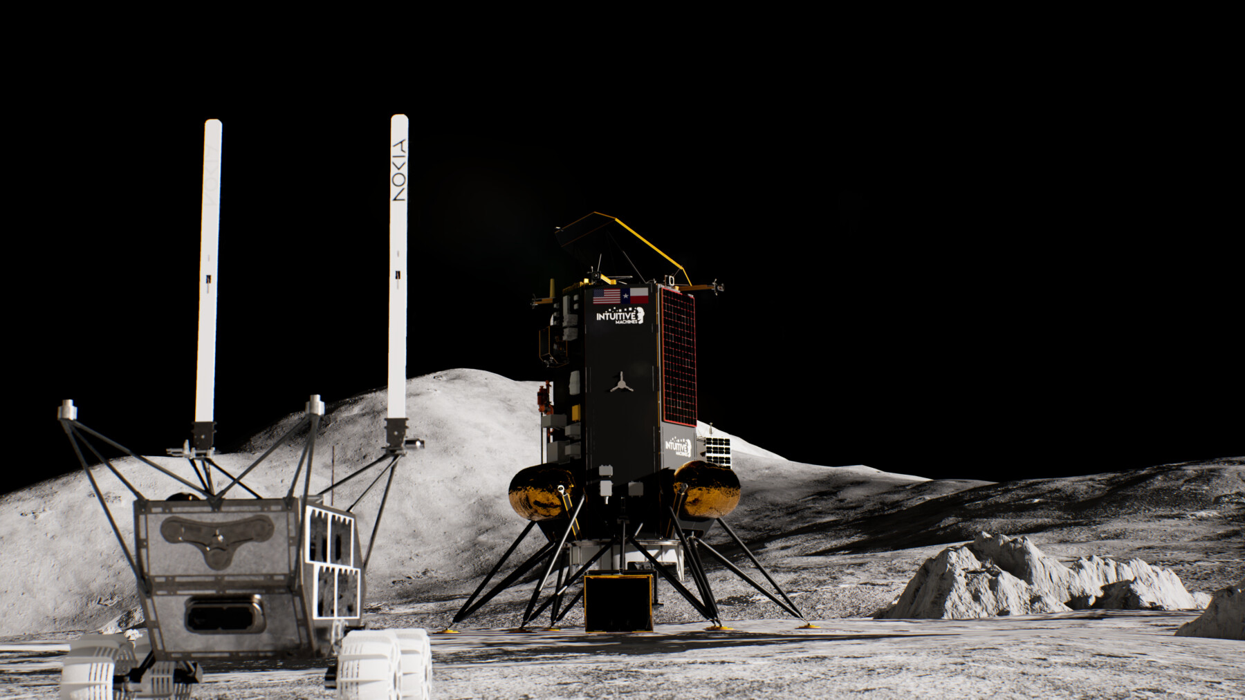 Um pequeno veículo robótico se afasta de uma espaçonave em uma superfície rochosa cinza em frente a um céu negro.