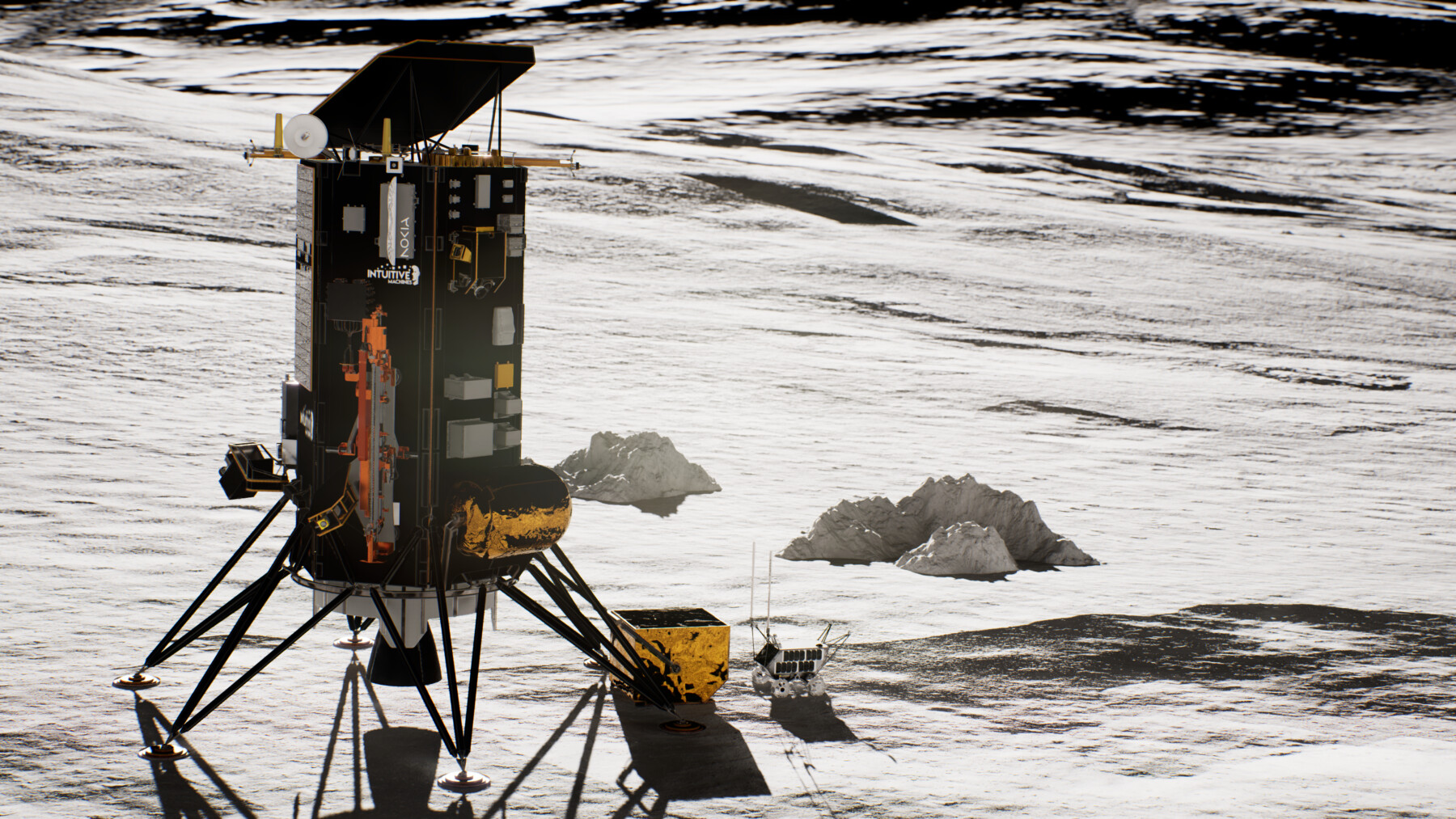 A small robotic vehicle moves away from a spacecraft on a grey rocky surface.