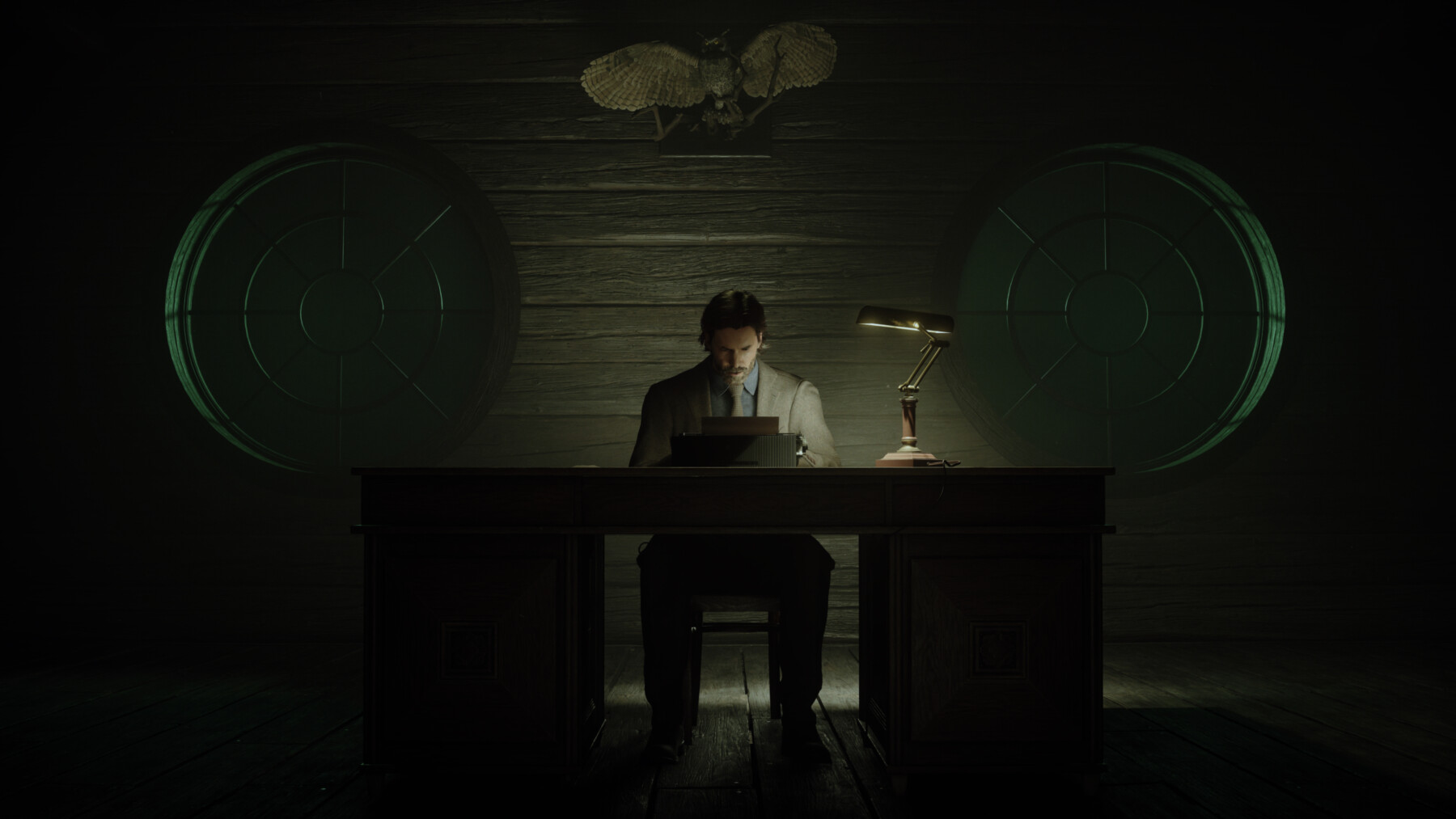 In a realistic scene from a video game, a man is sitting at a desk, writing on a typewriter.