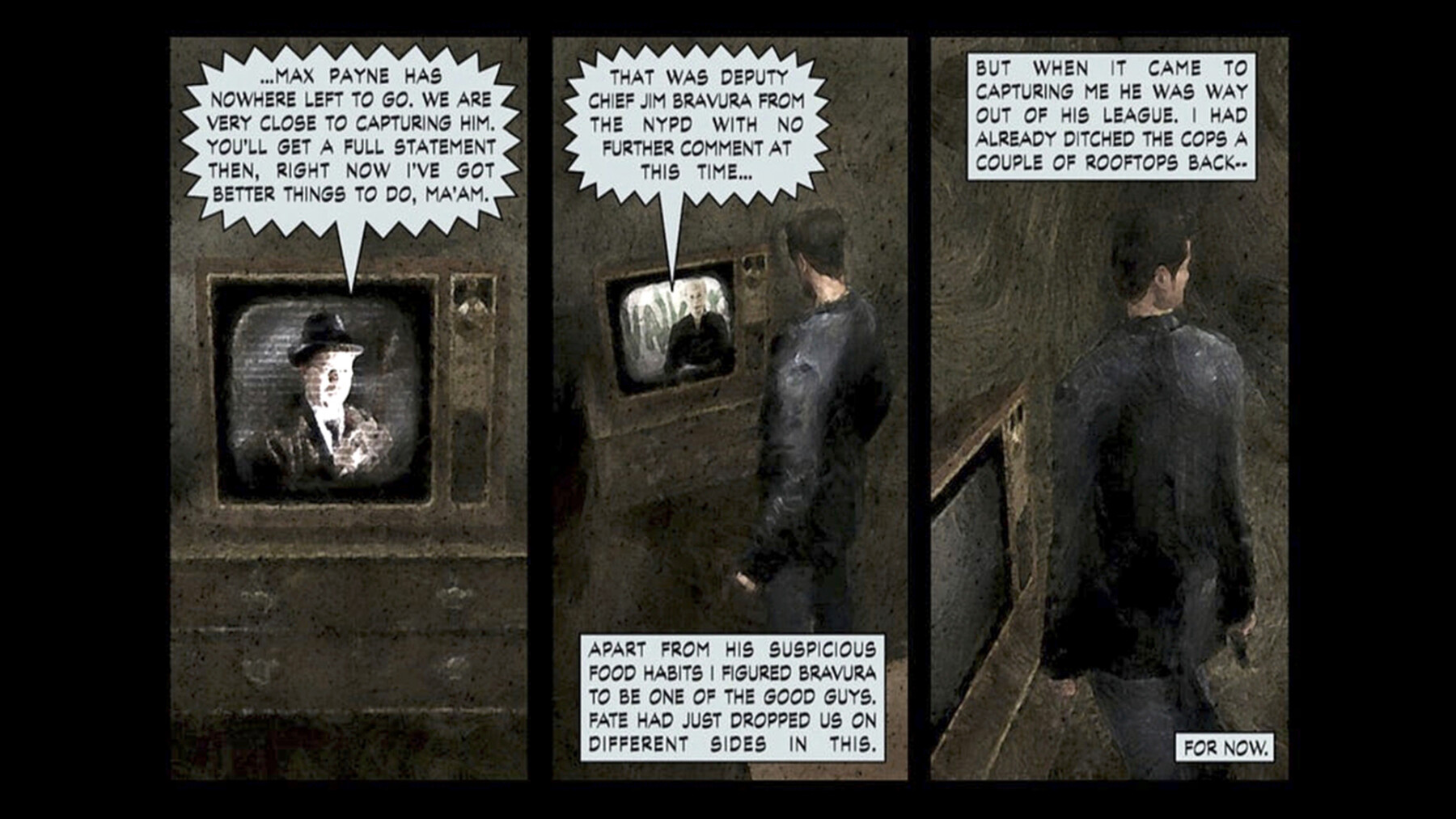 A drawing with three separate panels and several speech bubbles shows a man watching TV.