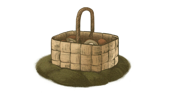 Une illustration représente un panier en osier tressé rempli de champignons.