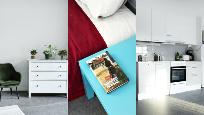 Three photos side by side show views of an apartment, including a living room with houseplants, a bed with a bedside table, and a tidy kitchen.