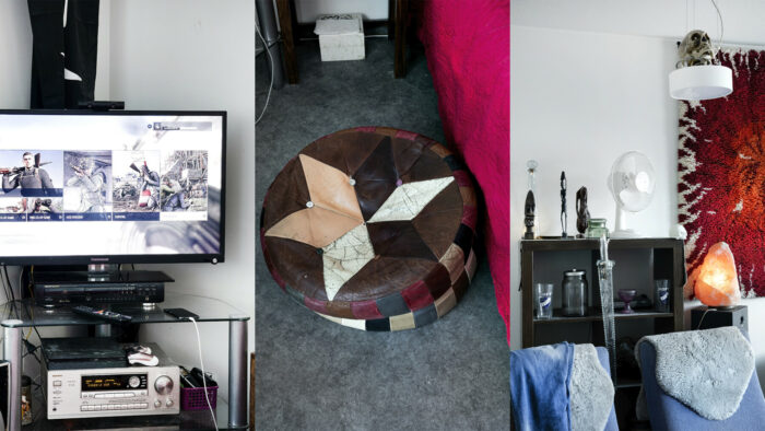 Three photos side by side show views of an apartment, including a monitor with a videogame on it, a leather footstool, and a living room with a red rug hanging on the wall.