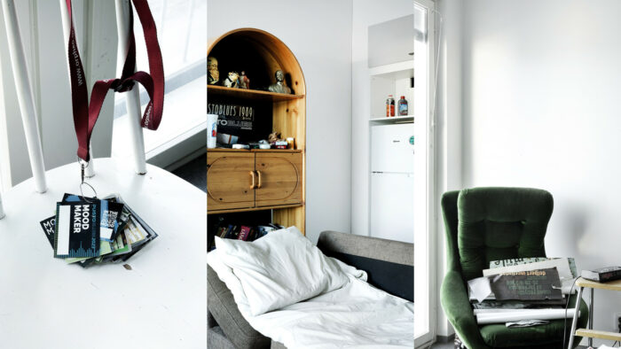 Three photos side by side show views of an apartment, including a white chair with festival ID badges on it, a sofa bed with shelves in the background, and a green armchair with a stack of newspapers on it.