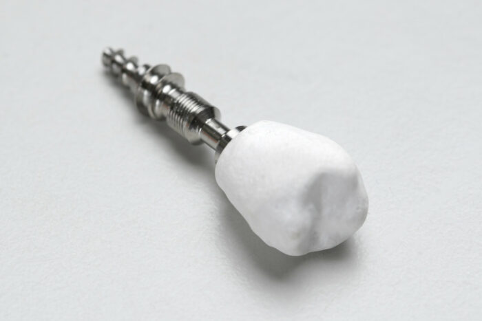 A tooth-shaped piece is attached to a metal screw.