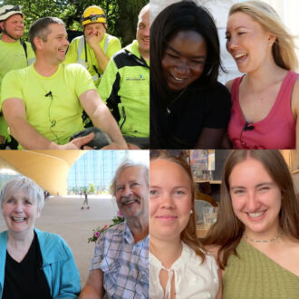 A collage of several photos shows a diverse selection of people, all smiling.