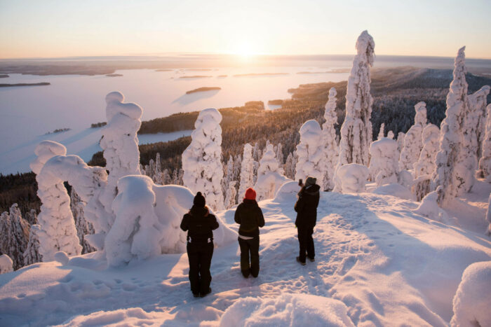 Três caminhantes em roupas de inverno estão entre árvores cobertas de neve e olham para um lago congelado à distância.