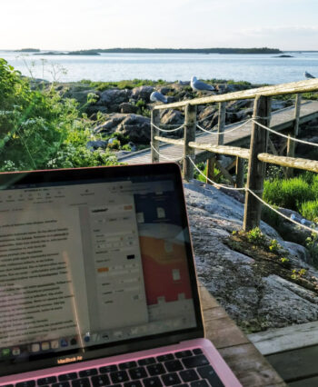 A laptop is open on a table in the foreground and a few seagulls are sitting on a railing in front of the sea in the background.