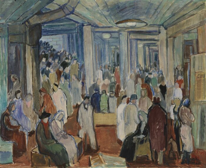 In a painting, a crowd of people is gathered in a large hall.