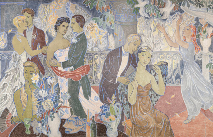 In a painting, several couples in fancy dress are dancing on an outdoor terrace and one person is smoking while sitting at a table.