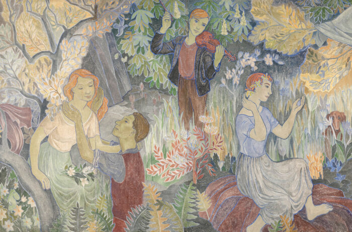 In a painting, several people and a dog are sitting in a forest and one person is playing the violin.