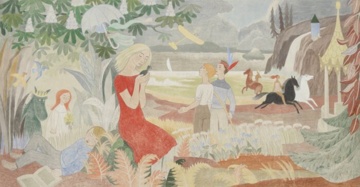 In a painting, a child is sleeping beside an open book at the edge of a forest while other figures are walking or riding horses through a fantastical landscape.