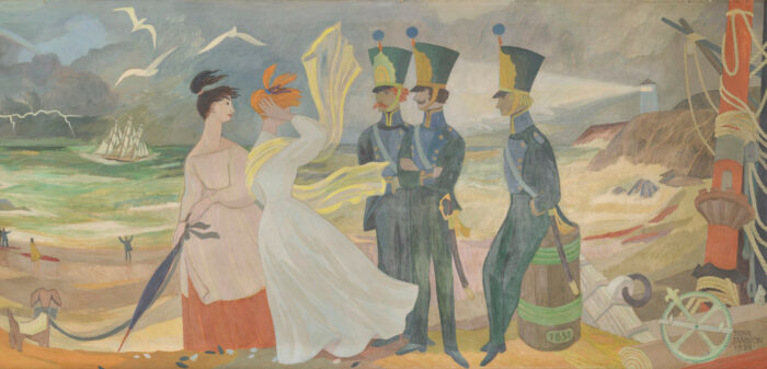 In a painting, three men in military uniforms are talking with two women in dresses beside the ocean, with a lighthouse and a ship in the background.