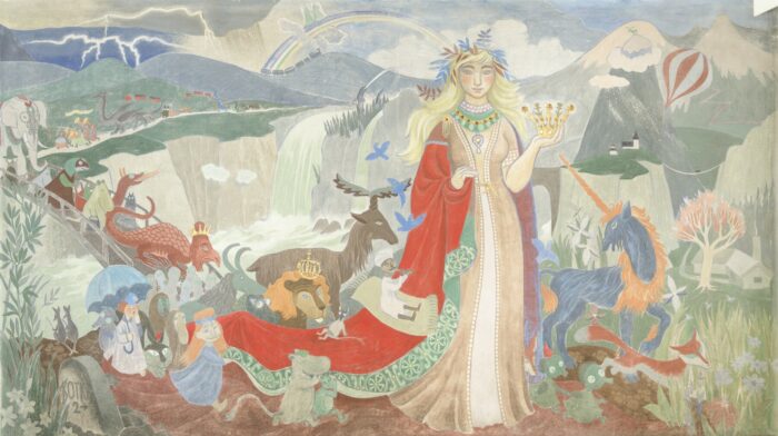 In a painting, a robed woman is standing with a crown in her hand in front of a parade of animals and creatures, including several Moomins.