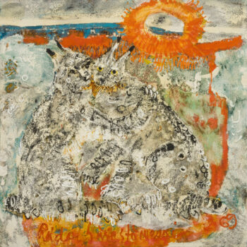 In a painting, two animal figures are discernable, and seem to be hugging each other.
