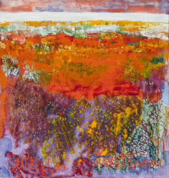 A painting shows various overlapping layers, one of which is a bright orangish red.