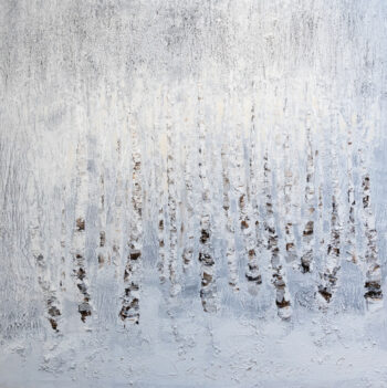 A painting shows white and grey tree trunks in a white, snowy landscape.