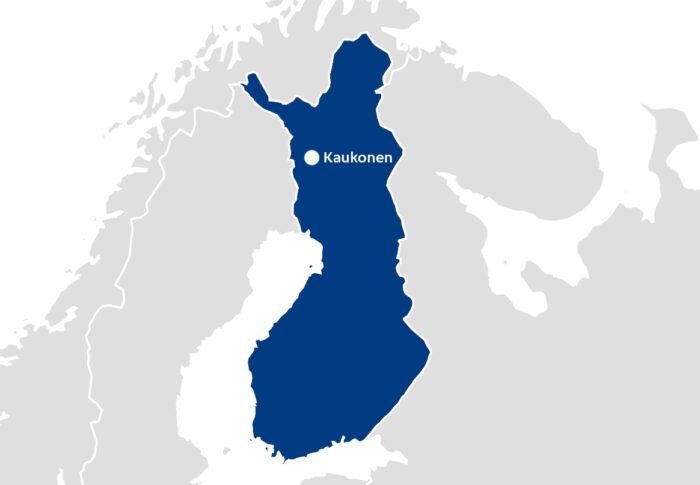 On a map of Finland and the surrounding area, a dot shows the far northern location of the village of Kaukonen.