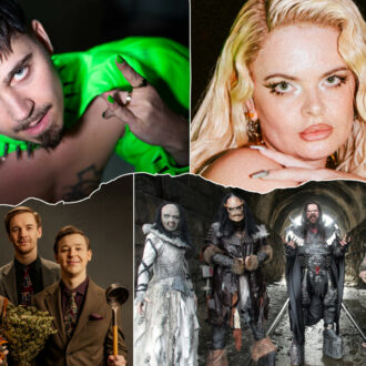 A montage of four photos shows singers and band members from different bands: a man in a bright green bolero, a blond woman, a trio of men, and a five-person group dressed in monster costumes.