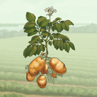 Representación botánica de una planta de patata con tallos y hojas verdes, flores blancas y grandes tubérculos de color marrón dorado unidos en su parte inferior a unas raíces blancas.