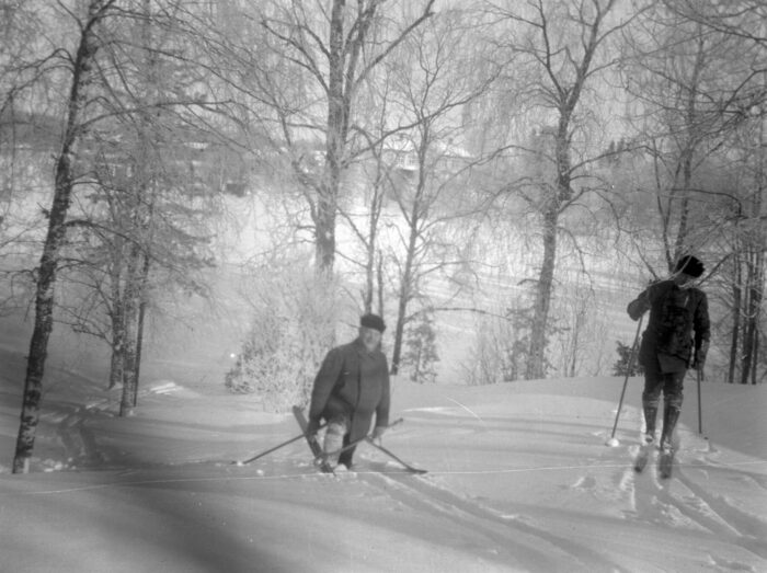 Two men are cross-country skiing through a snowy landscape.