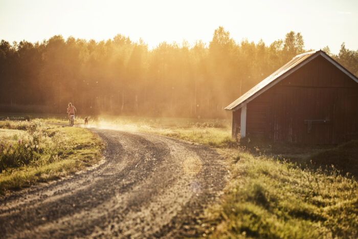 Uma estrada de cascalho faz uma curva ao lado de uma cabana vermelha com o sol nascendo ao longe. Uma leve névoa matinal obscurece parcialmente uma floresta ao fundo.