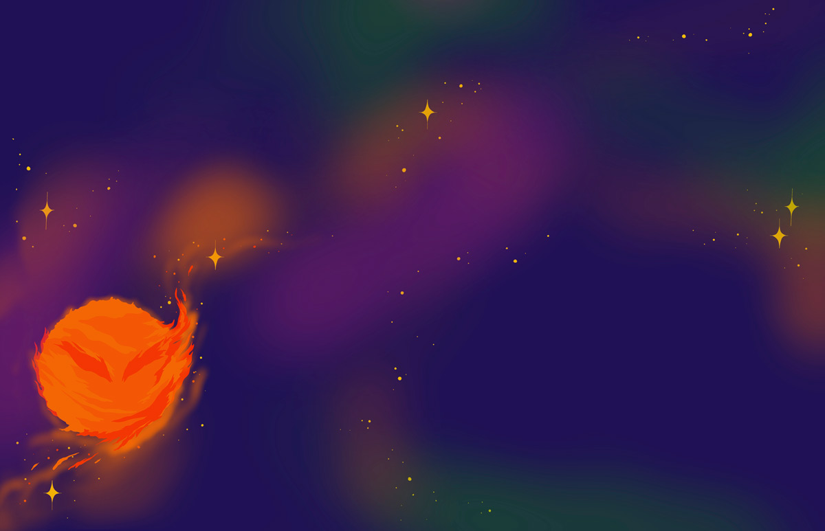 An illustration shows streaks of colour across a night sky, as well as a fiery orange round shape in one corner.