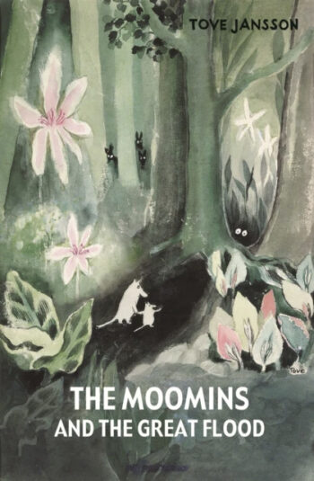 A capa de um livro ilustrado mostra personagens de desenhos animados caminhando por uma floresta surreal cheia de folhas enormes e árvores imponentes, com figuras escuras e olhos brilhantes espiando das sombras.