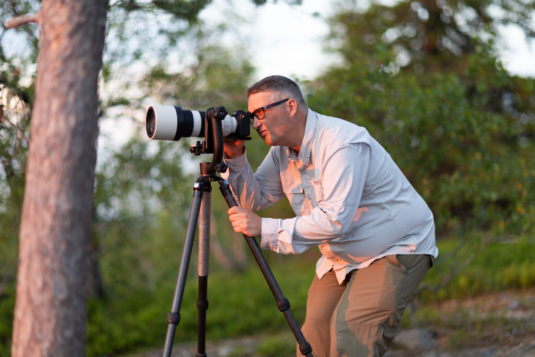 A man looks through a large camera mounted on a tripod in a forest setting.