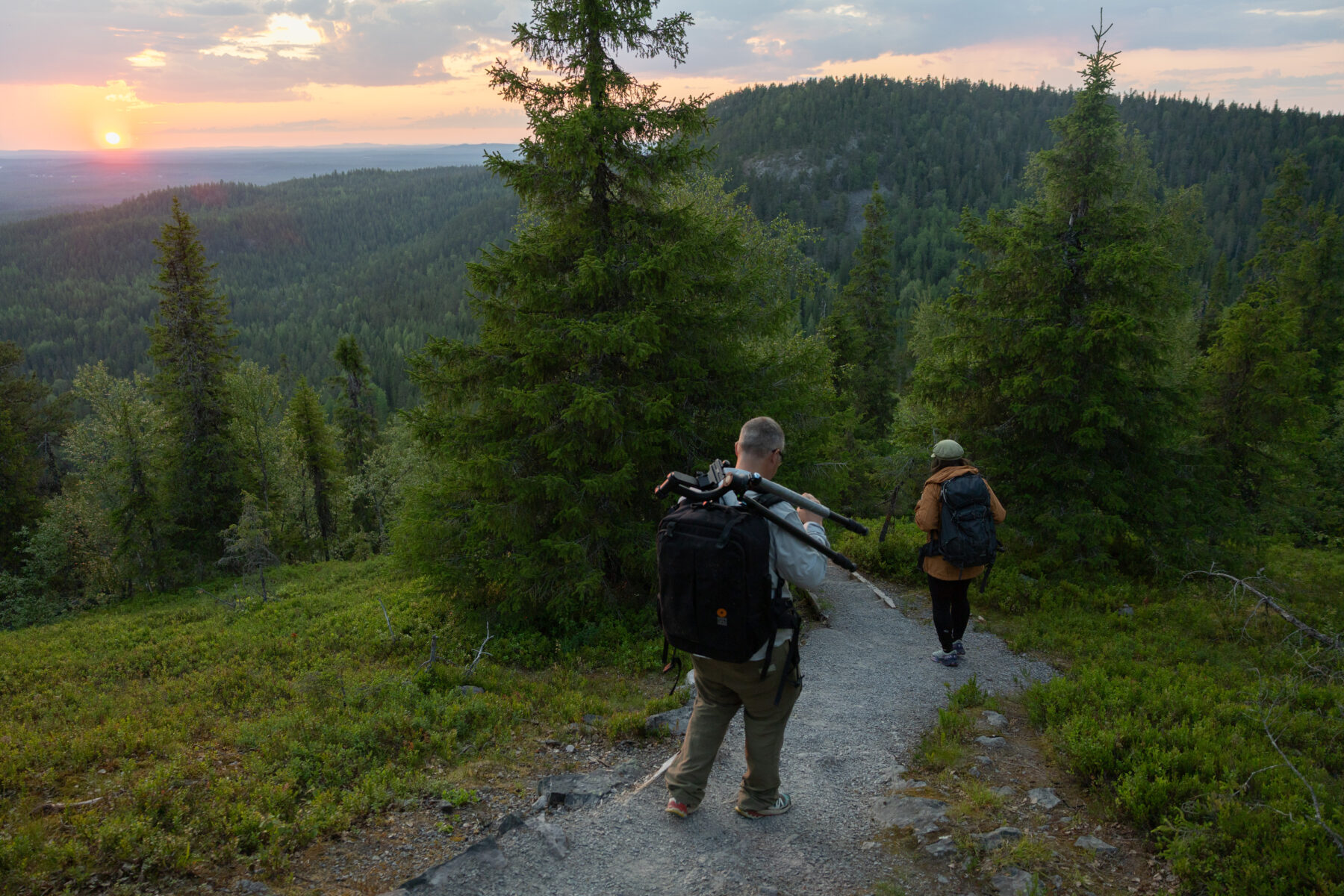 Two people with backpacks walk on a path surrounded by trees at dusk.