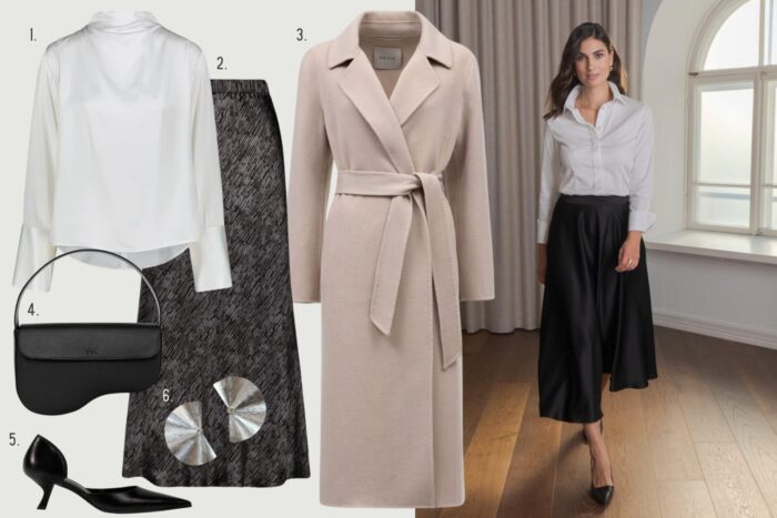 A collage shows product pictures of fashionable items: a blouse, a skirt, a coat, a bag, a shoe and a pair of earrings. Next to them is a photo of a woman wearing similar clothing, walking across a wooden floor in front of a window.