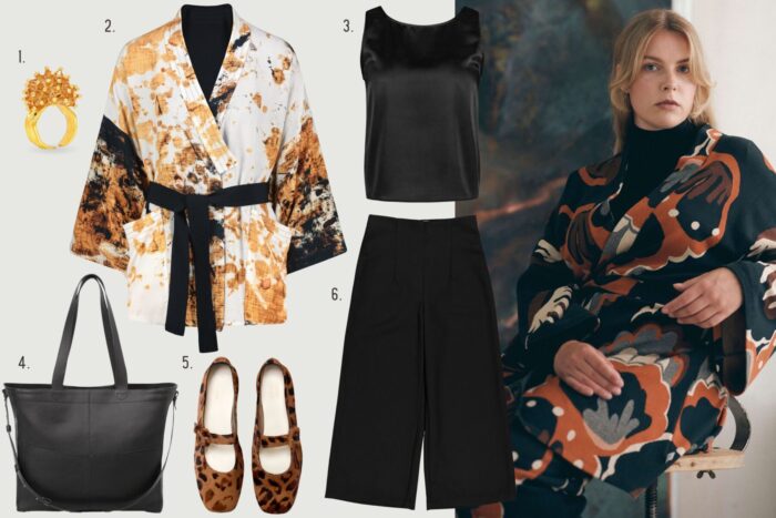 A collage shows product pictures of fashionable items: a ring, a jacket, a sleeveless top, a bag, a pair of shoes and a pair of trousers. Next to them is a photo of a woman wearing similar clothing, sitting on a chair.