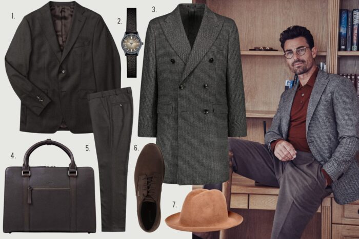 A collage shows product pictures of fashionable items: a jacket, a watch, a coat, a briefcase, trousers, a shoe and a hat. Next to them is a photo of a man wearing similar clothing, posing in front of a bookshelf.