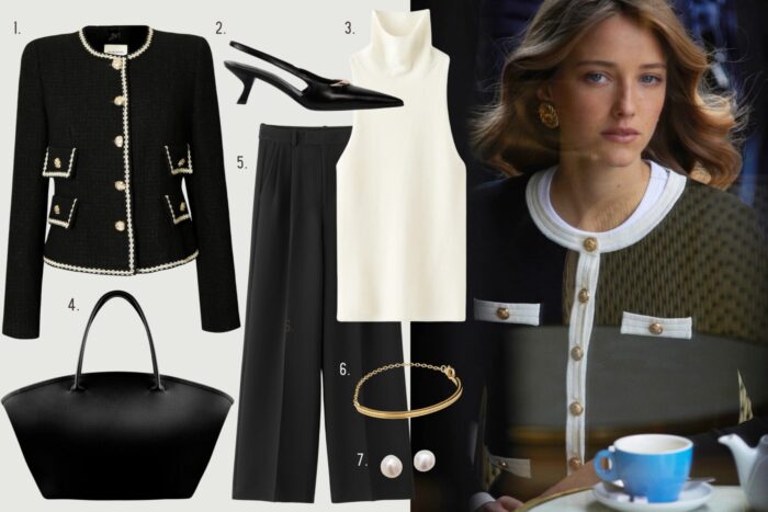 A collage shows product pictures of fashionable items: a blazer, a shoe, a sleeveless top, a bag, trousers, a bracelet and a pair of earrings. Next to them is a photo of a woman at a café wearing similar clothing.