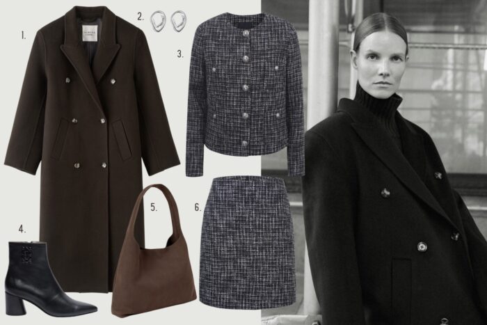 A collage shows product pictures of fashionable items: a coat, a pair of earrings, a blazer, a boot, a bag and a skirt. Next to them is a photo of a woman wearing similar clothing.