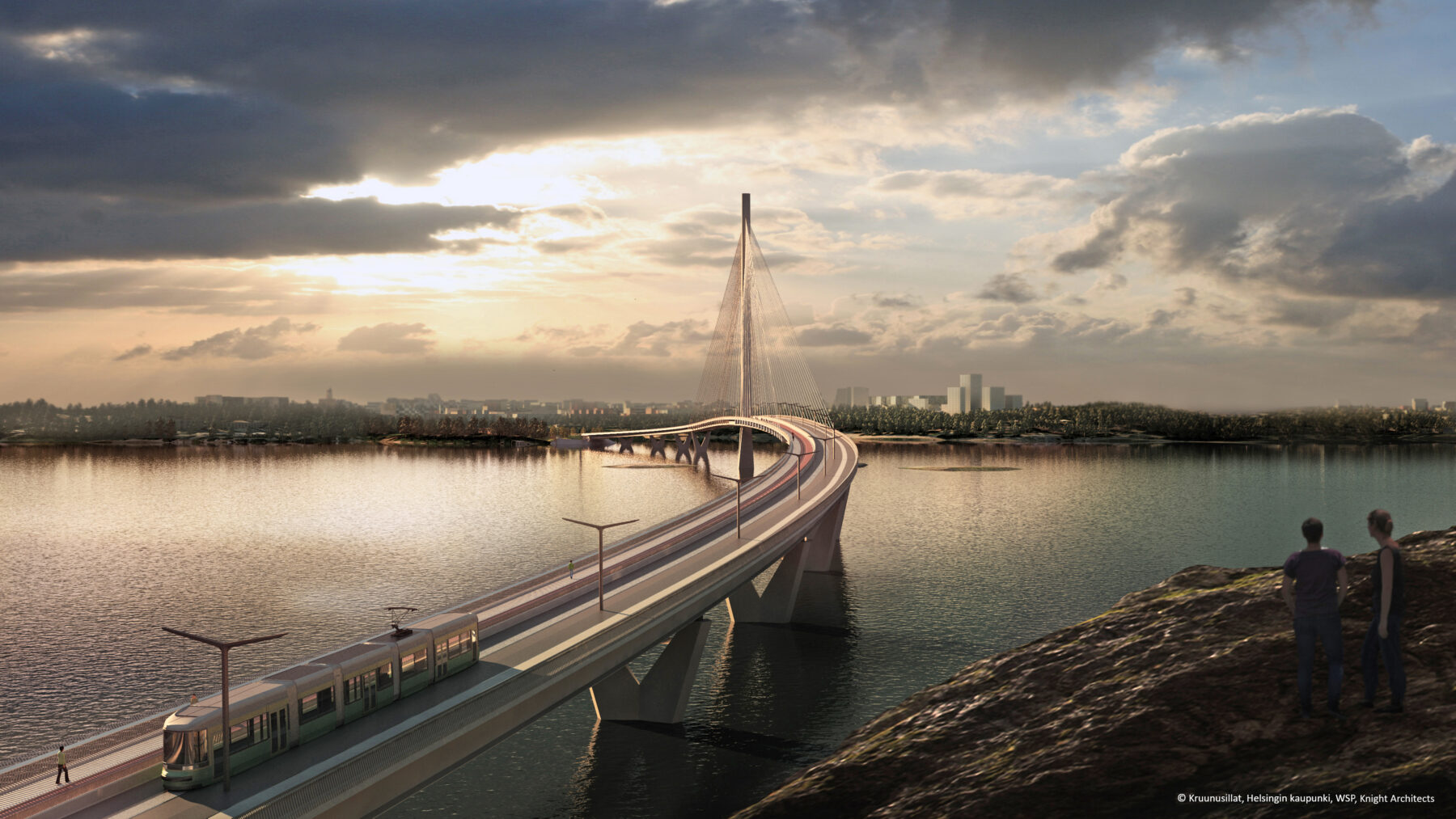 A tram travels along a bridge with a tall tower over a body of water at sunset, with two figures on a hill in the foreground.