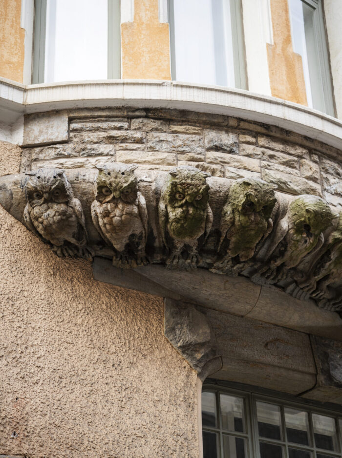 A row of small owl statues lines the underside of a bay window on a building.