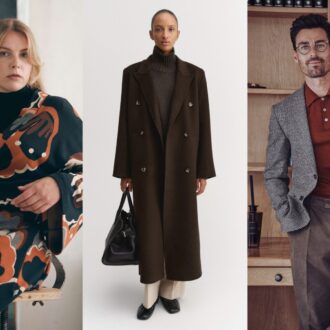 Three photos side by side show people in fashionable clothing: A woman in a colourfully patterned robe, a woman in a long brown coat and a man in a tweed jacket and flannel trousers.