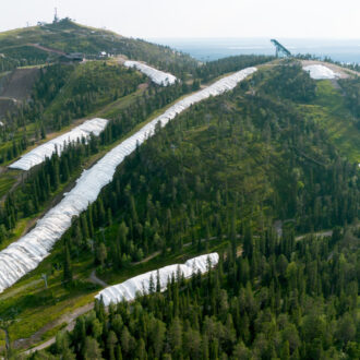 A forested hill features large white coverings running down several ski slopes, surrounded by lush greenery.