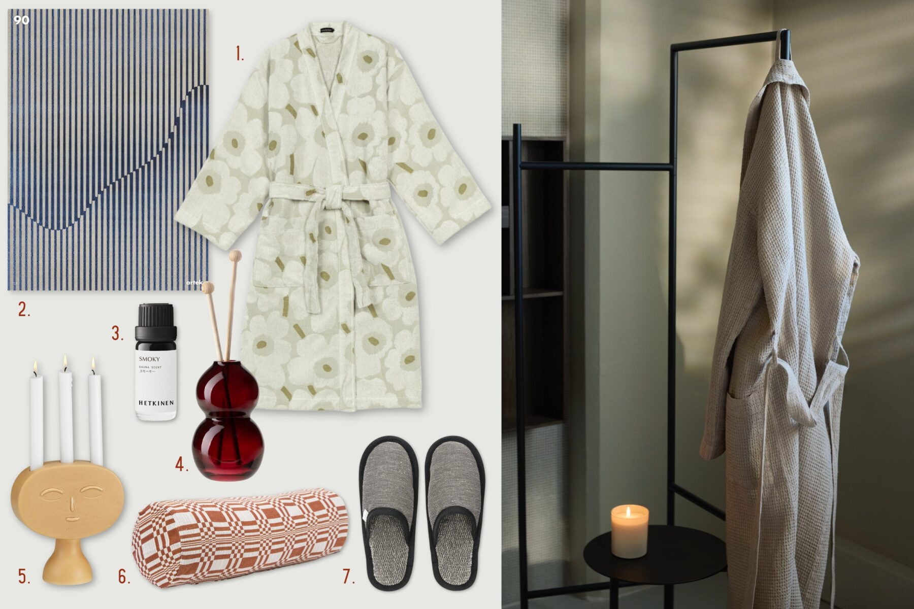 A collage shows product pictures of gift items: a bathrobe, a decorative poster, a bottle of air freshener, an air freshener dispenser, a candle holder, a pillow and a pair of slippers. Next to them is a photo of a bathrobe hanging on an iron hook next to a candle.