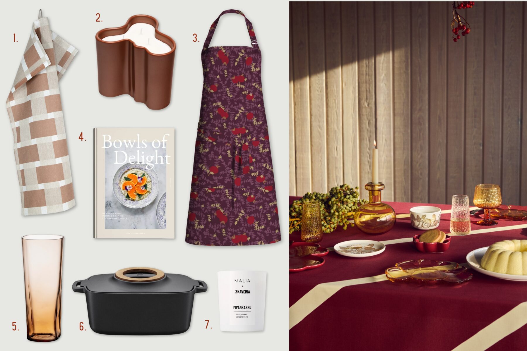 A collage shows product pictures of gift items: a towel, scented candles, an apron, a cookbook, a vase and an iron cooking pot. Next to them is a photo of a table covered with festive decorations and food containers.