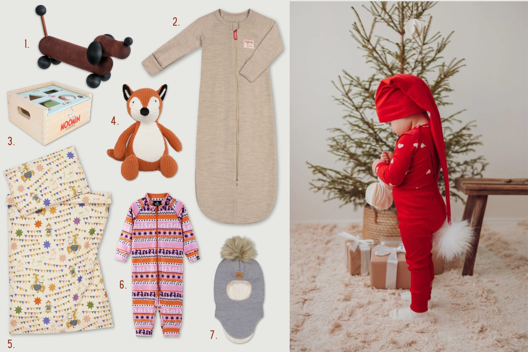 A collage shows product pictures of gift items: a wooden toy dog, a baby’s sleeping bag with sleeves, a wooden game, a fox plush toy, a duvet set, a toddler overall and a balaclava. Next to them is a photo of a small child in red pyjamas and hat standing in front of Christmas gifts and a Christmas tree.