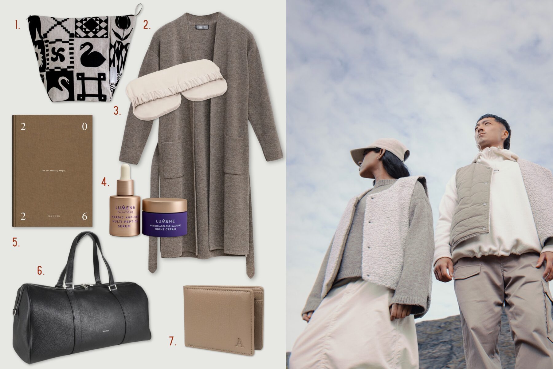 A collage shows product pictures of gift items: two bags, a long cardigan, a sleep mask, makeup bottles, a daily planner and a wallet. Next to them is a photo of two people in sweaters and vests.