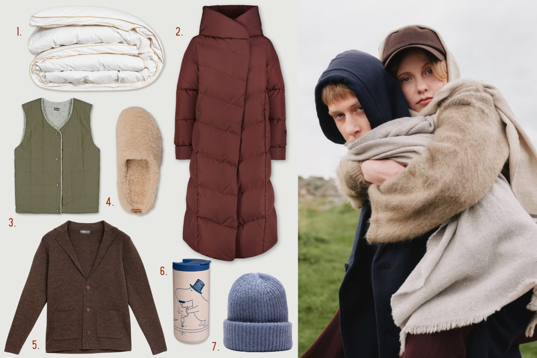 A collage shows product pictures of gift items: a duvet, a long coat, a vest, slippers, a cardigan, a thermos and a beanie. Next to them is a picture of two people in warm hats and jackets.