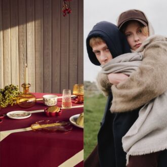 Three photos side by side show gift items: a bathrobe; a table with plates, glasses and food containers; and two people in jackets.