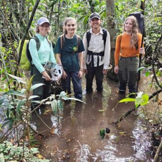 Four researchers stand in shin-deep water in a tropical forest, carrying backpacks and scientific equipment.