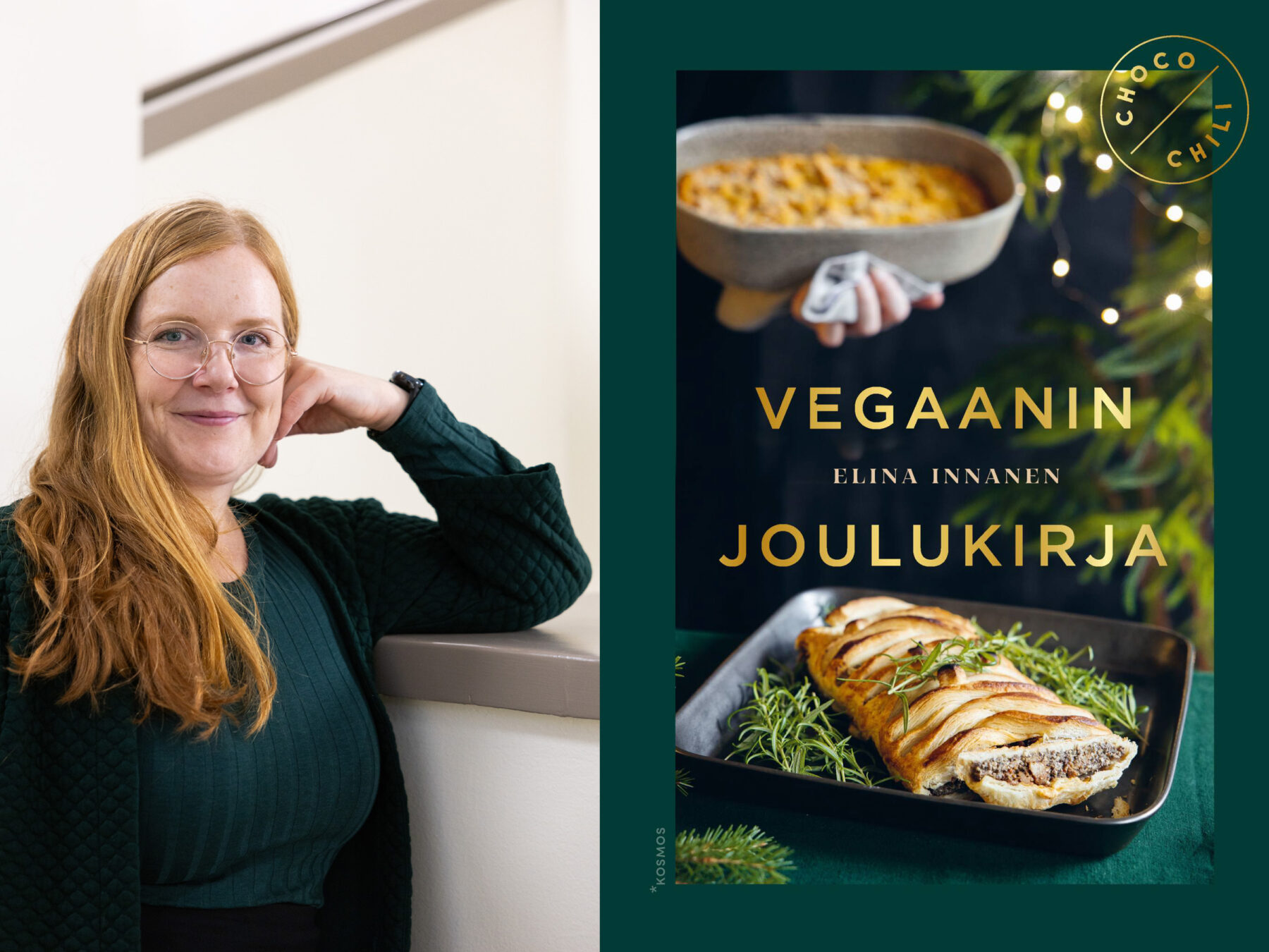 In one photo, a woman poses with one arm on a banister. Another photo shows the cover of a vegan cookbook with a picture of a pie.