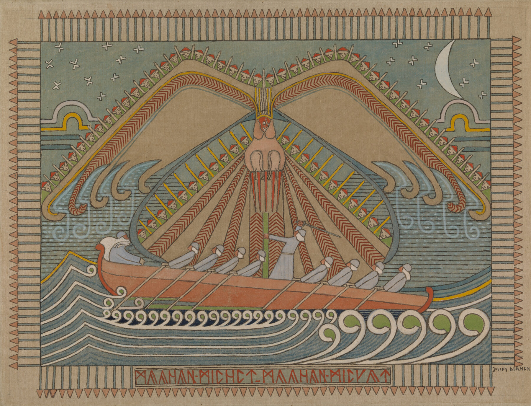 A painting by Joseph Alanen, The Defence of the Sampo, depicts a boat with rowers battling swirling waves and a monstrous figure descending from the sky, framed by symmetrical decorative patterns.