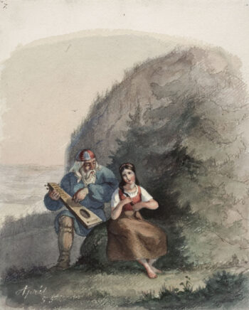 A painting by Anders Ekman shows an old bearded male figure, Väinämöinen, seated outdoors, tuning a small harp-like instrument, beside a young woman.